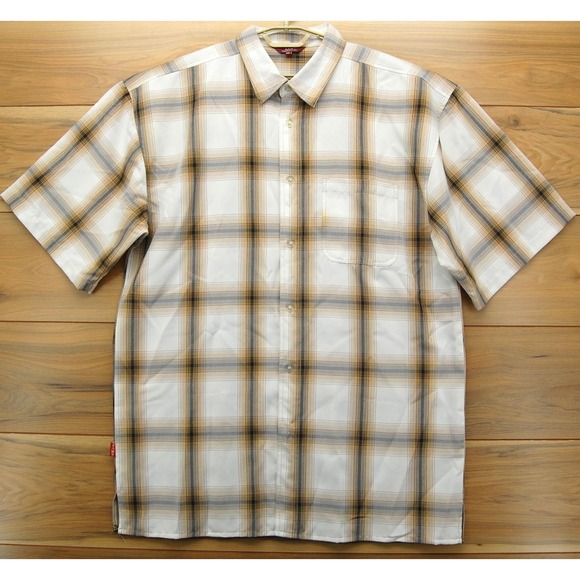 ZAM Shirt Mens 2XL Brown Beige Plaid Button‎ Up Short Sleeve Rayon Polyester - Picture 2 of 12